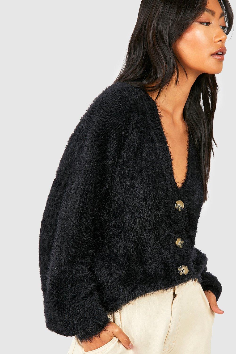 Boohoo Women s Fluffy Knit Slouchy Crop Cardigan Black