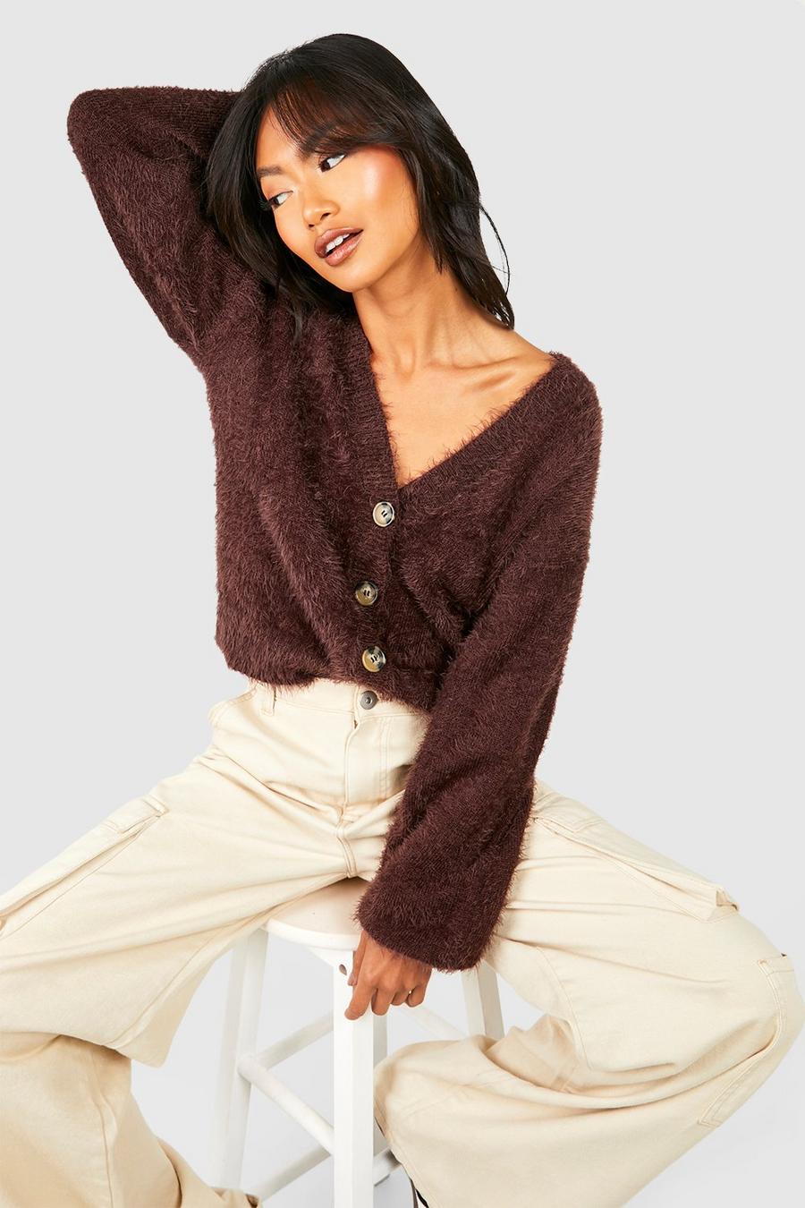 Chocolate Fluffy Knit Slouchy Crop Cardigan image number 1