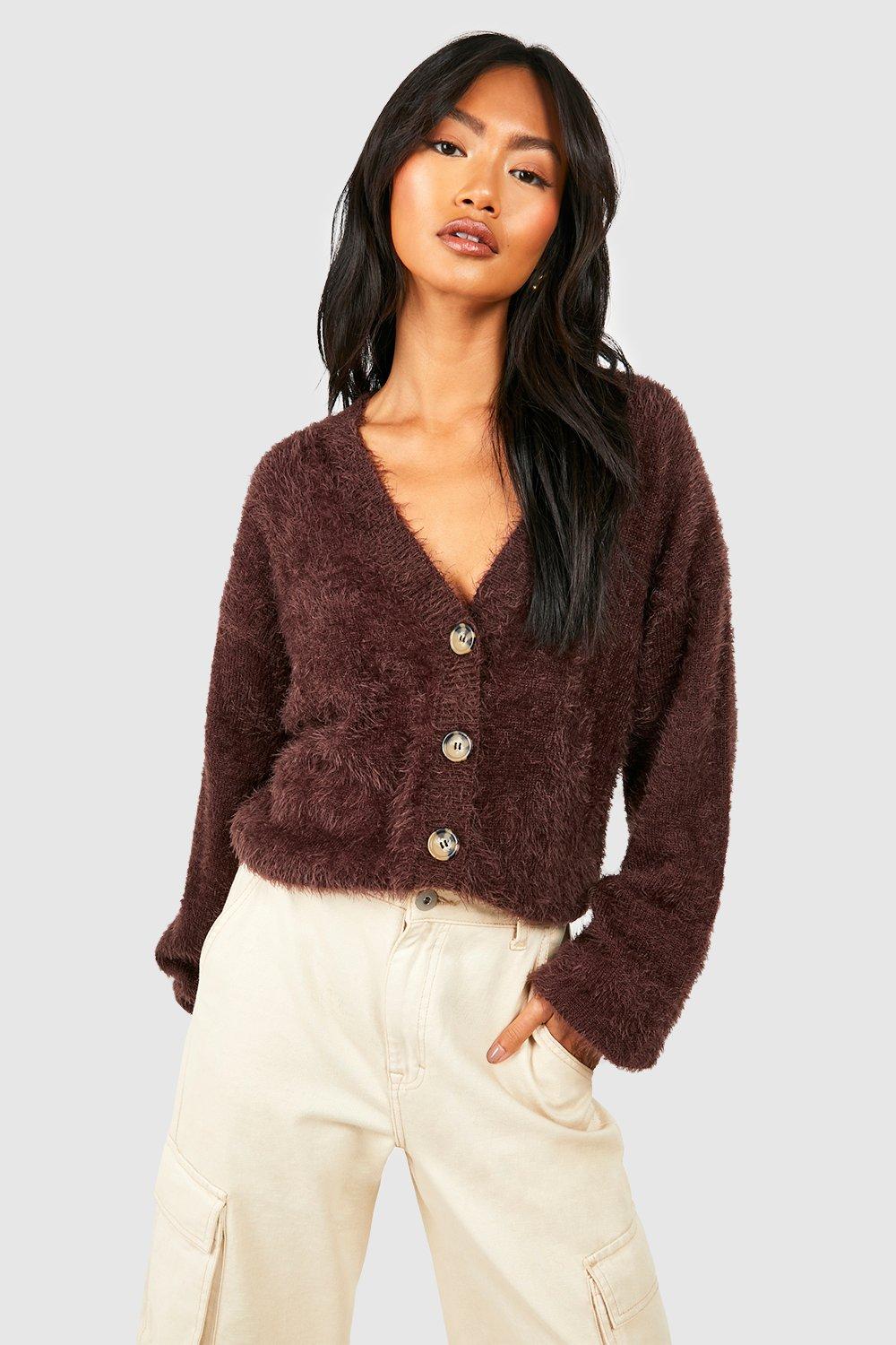 Fluffy Cropped Cardigan - Sparkle Camel Melange