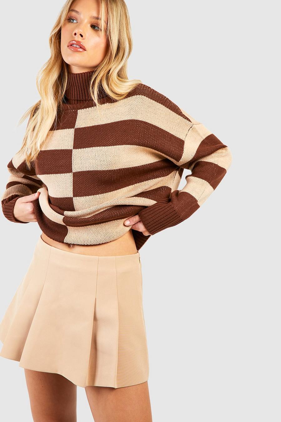 Brown Turtleneck Mixed Stripe Sweater