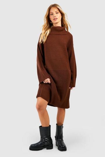 Chocolate Brown Rib Detail Chunky Roll Neck Jumper Dress