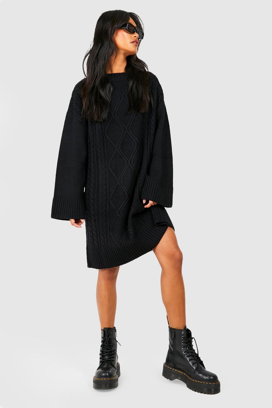 Oversize Zopfmuster-Pulloverkleid, Black