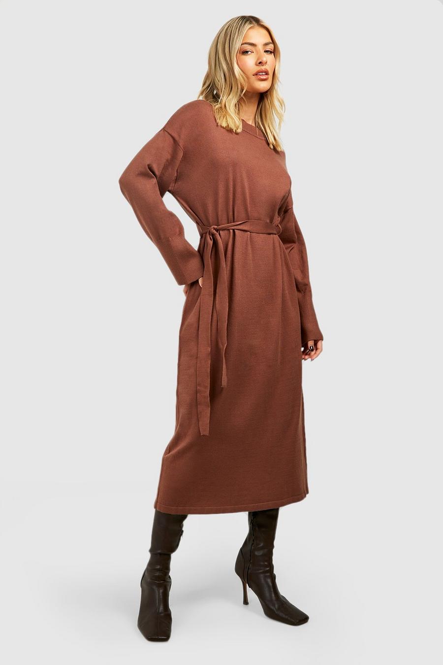 Chocolate Fine Gauge Belted Knitted Midi Dress