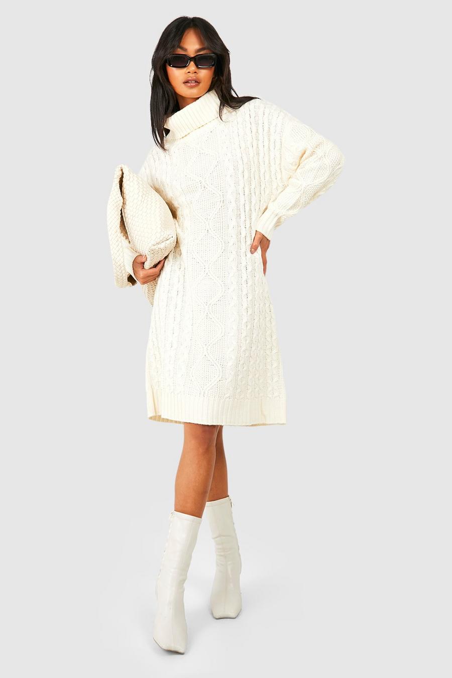 Cream Chunky Oversized Roll Neck Jumper Dress image number 1