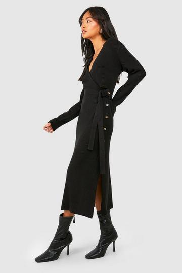 Button Detail Wrap Rib Midaxi Knitted Dress black