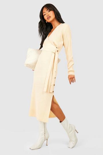 Stone Beige Button Detail Wrap Rib Midaxi Knitted Dress