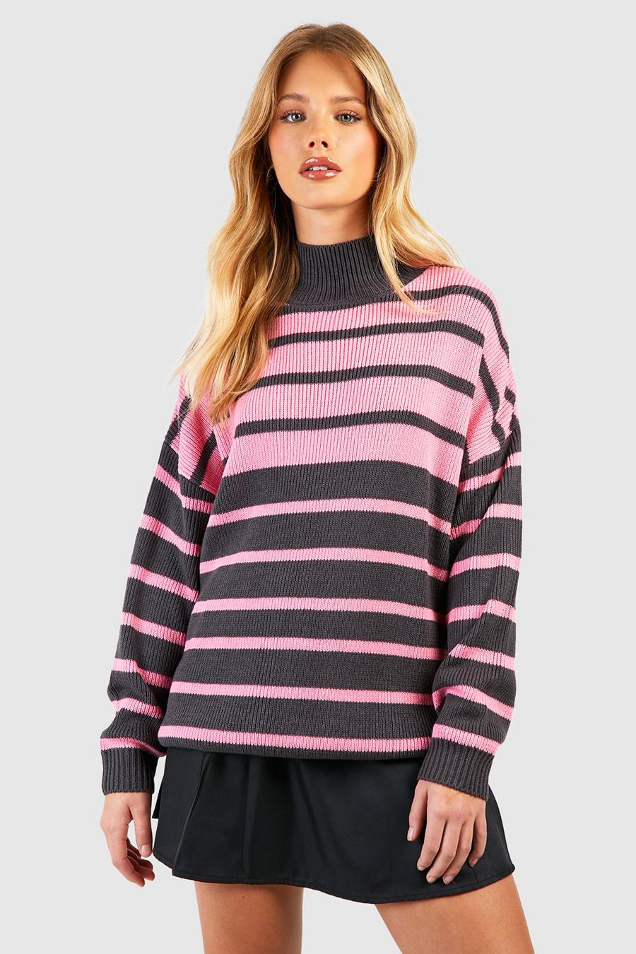 Pink High Neck Mixed Stripe Oversized Sweater image number 1