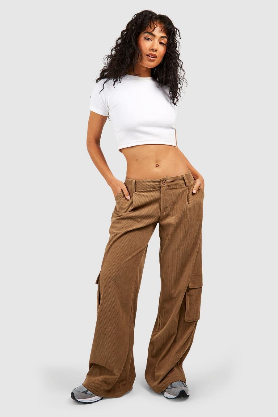 Pantalon cargo taille basse en velours côtelé, Camel