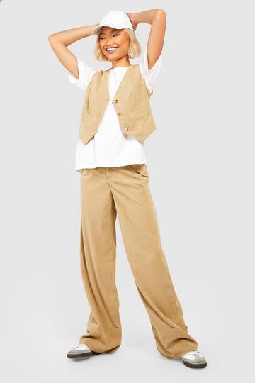 Stone Beige Fray Detail Wide Leg Cord Pants