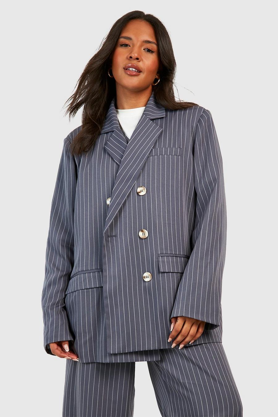 Charcoal Plus Woven Pinstripe Tailored Blazer image number 1
