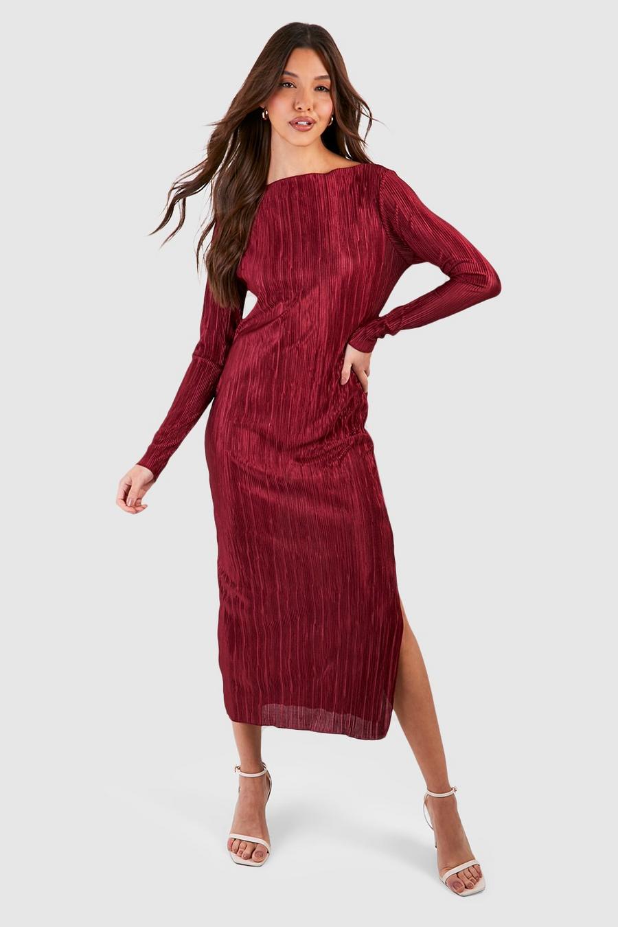 Berry Plisse Long Sleeve Midi Dress image number 1