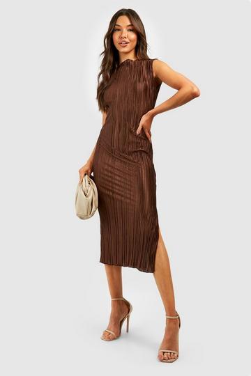 Chocolate Brown Plisse Sleeveless Midi Dress