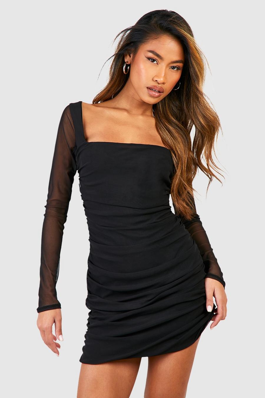 Gerafftes Mesh Bodycon-Kleid mit geradem Ausschnitt, Black