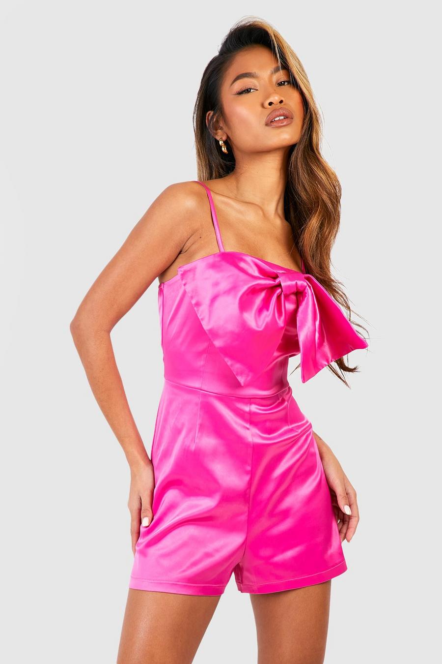 Pink Satin Bow Front Playsuit image number 1