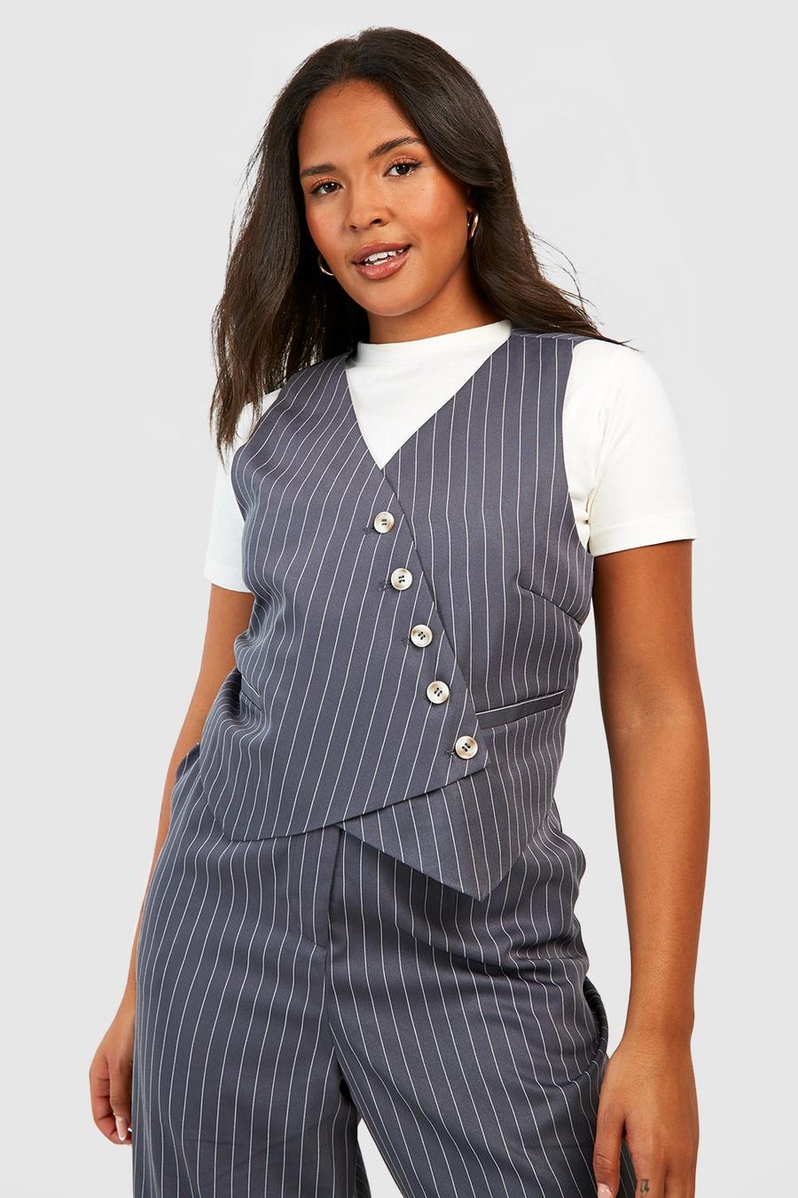 Charcoal Plus Woven Pinstripe Tailored Vest image number 1