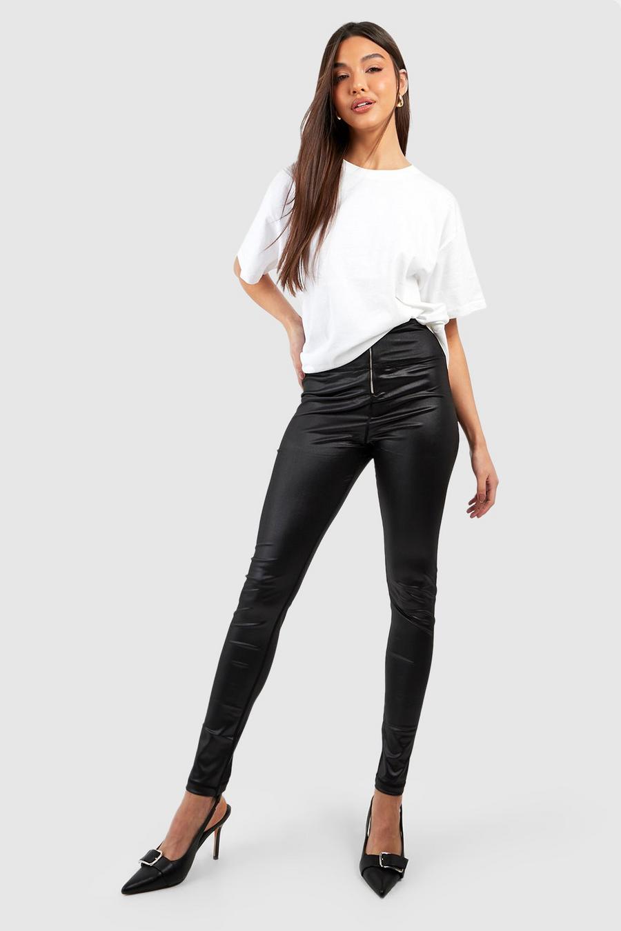 Black Zip Front Shiny High Waisted Leggings image number 1