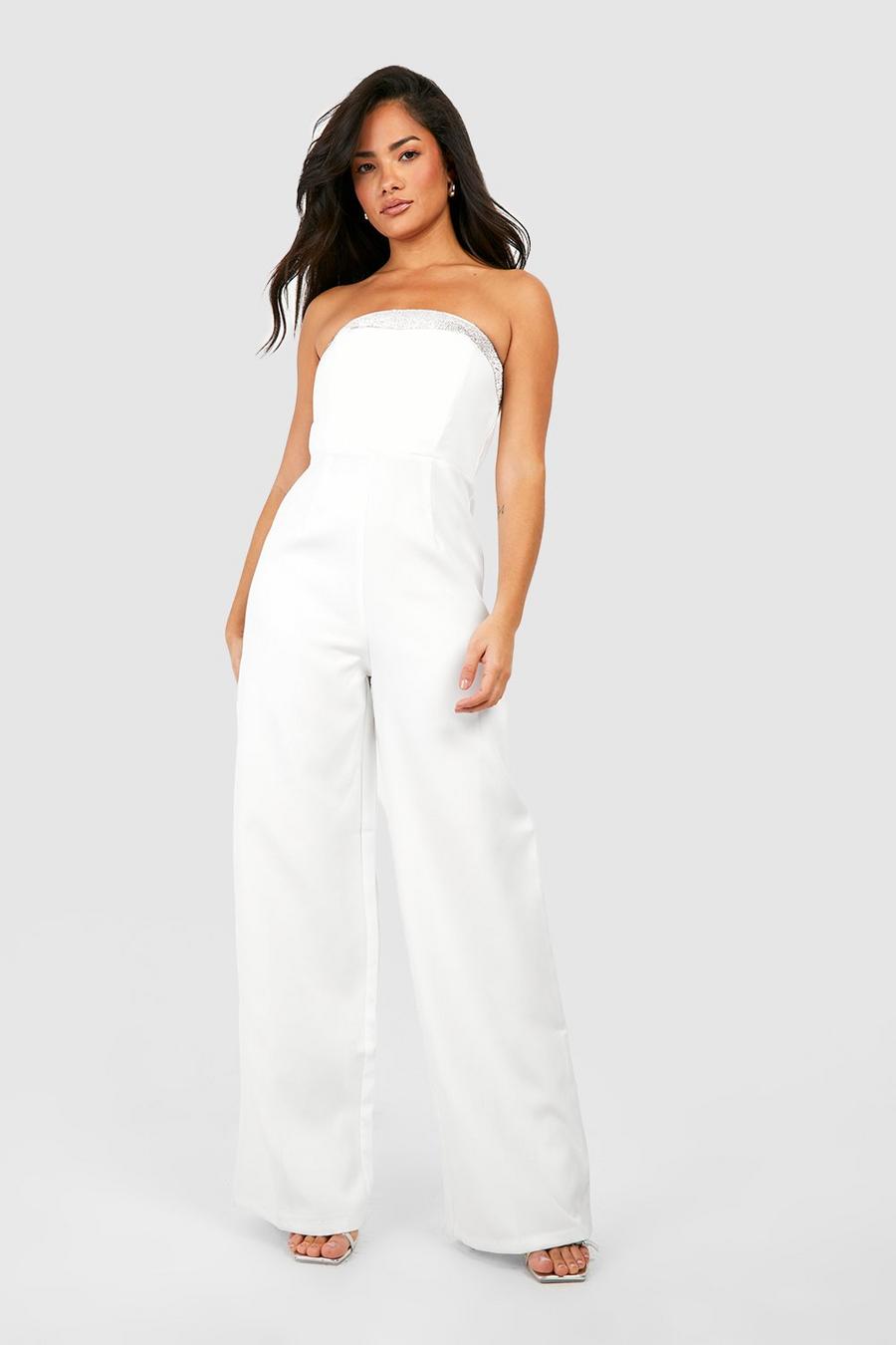 Bandeau-Jumpsuit mit Strass, White image number 1