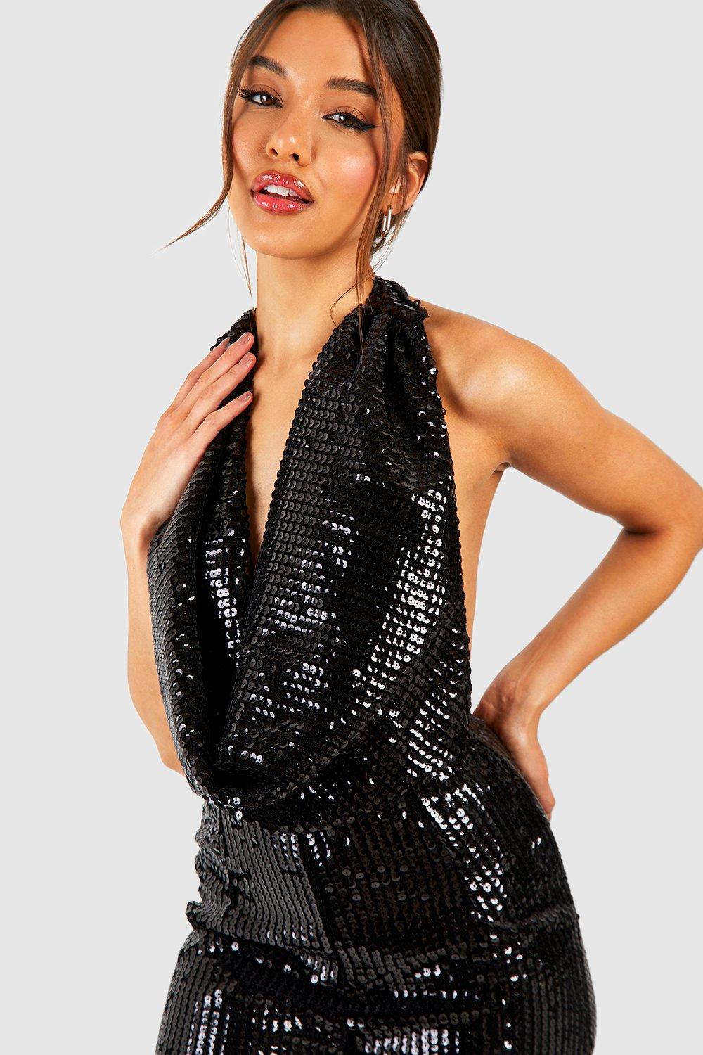 Boohoo Plus Cowl Neck Sequin Bodysuit in Black