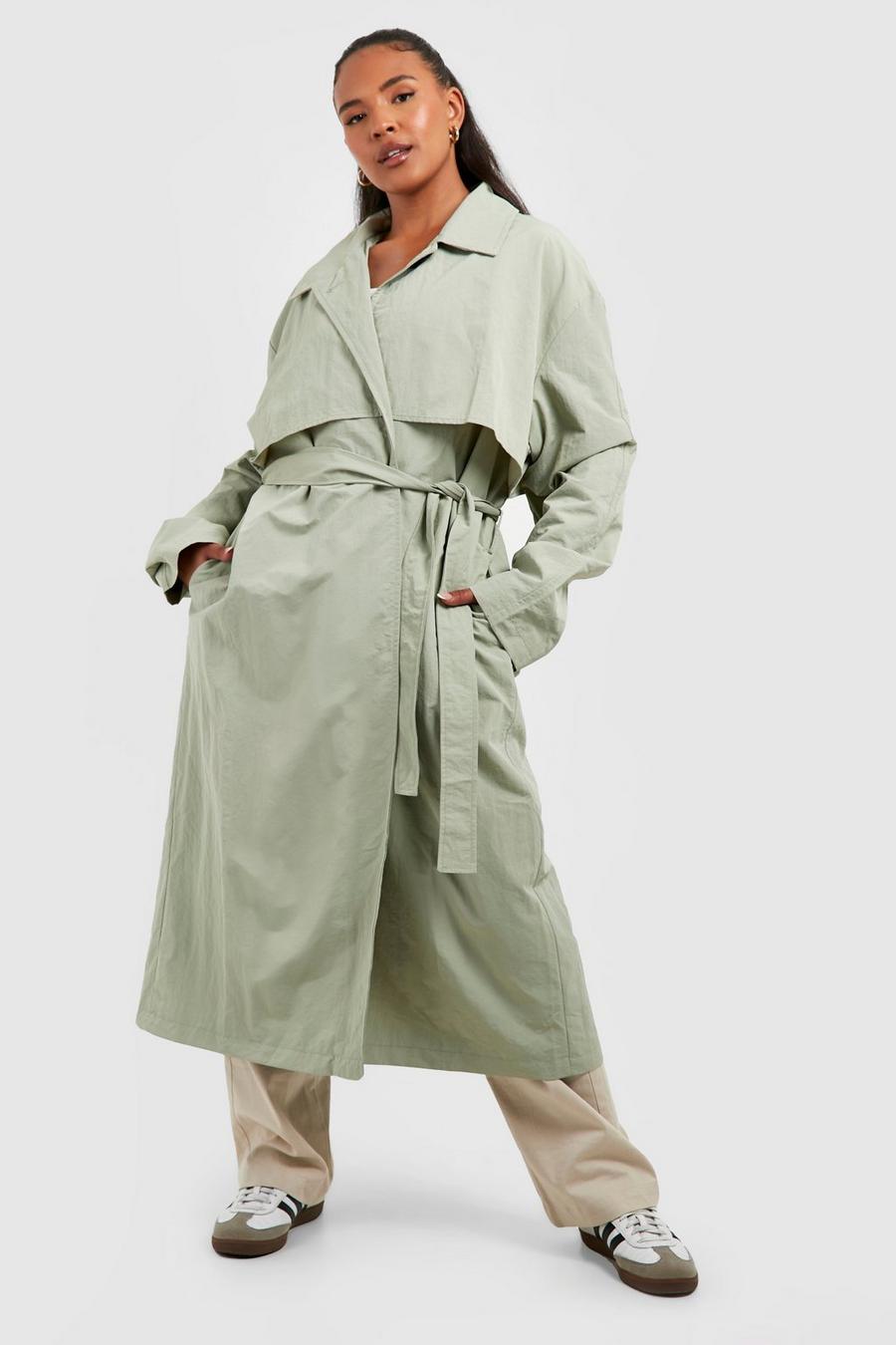 Cappotto Trench Plus Size in nylon con dettagli sulle spalle, Khaki