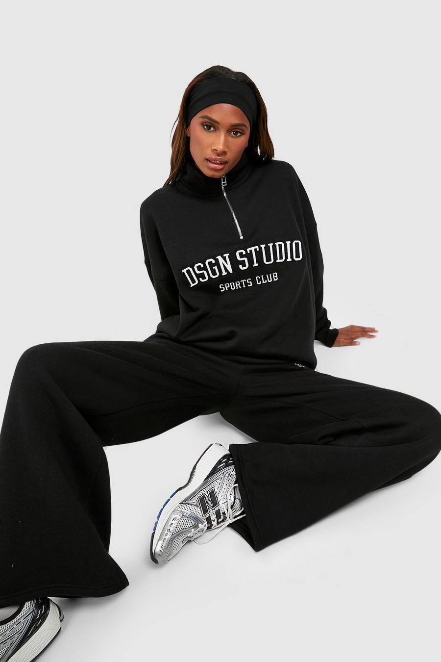 Oversize Sweatshirt mit Dsgn Studio Applikation und halbem Reißverschluss, Black