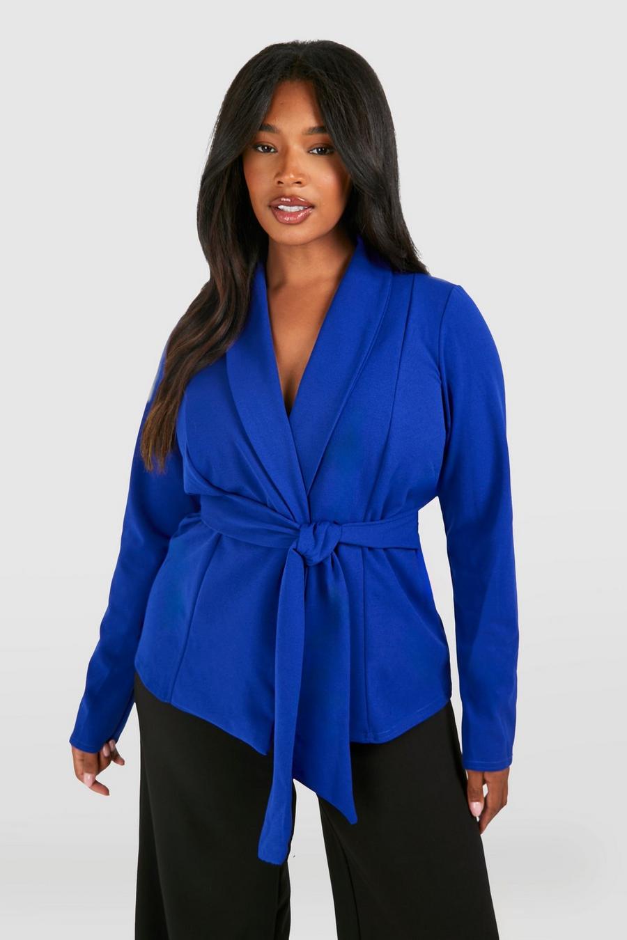 Cobalt azzurro Plus Crepe Tie Front Long Sleeve Blazer