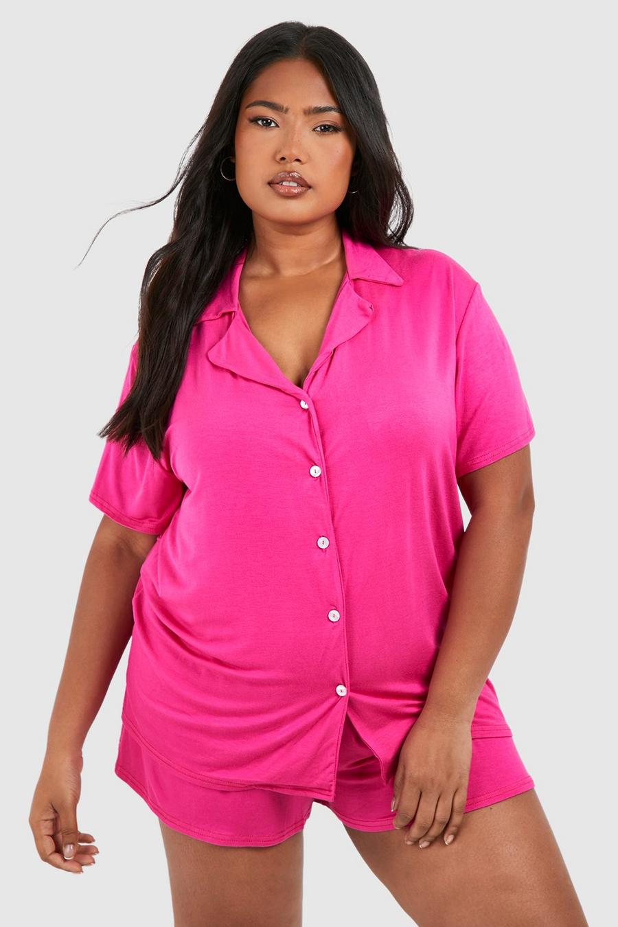 Fuchsia pink Plus Peached Jersey Short Sleeve Button Up Pj Shirt