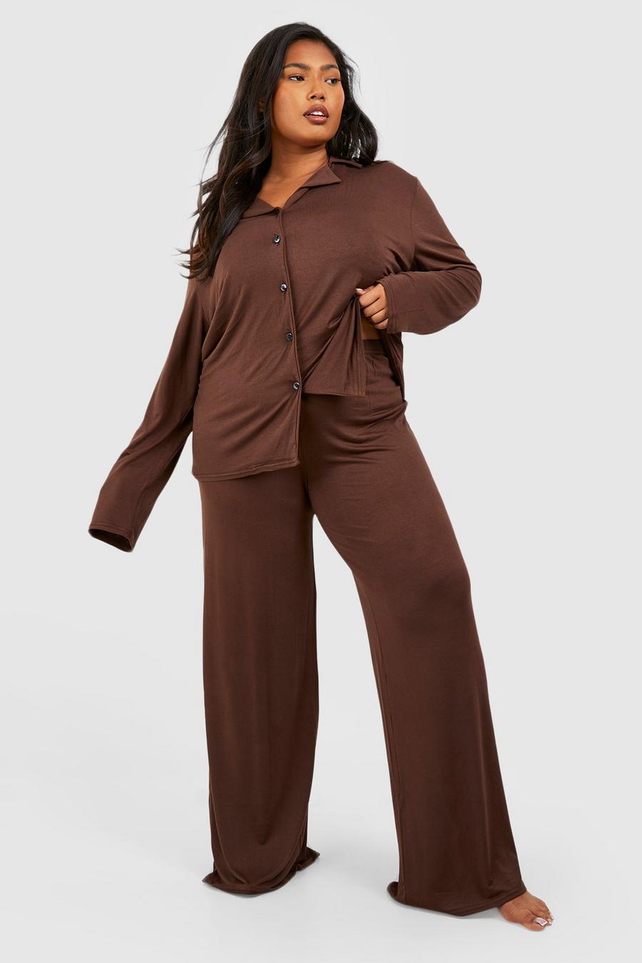 Plus Jersey Pyjama-Hose mit weitem Bein, Chocolate image number 1