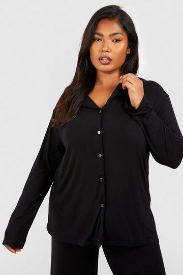 Plus Peached Jersey Knit Long Sleeve Button Pj Shirt black