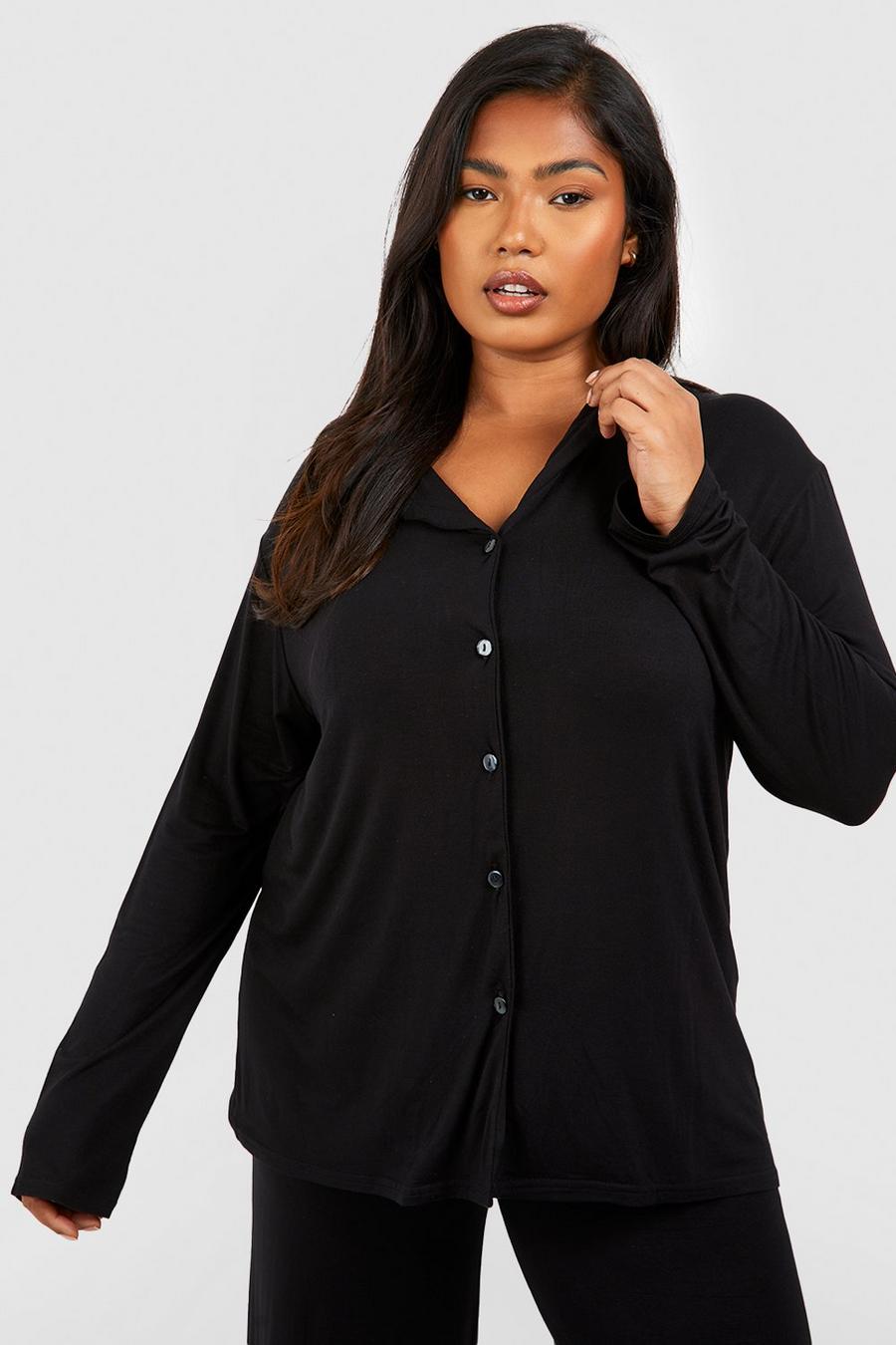 Camicia pigiama Plus Size a maniche lunghe in jersey a effetto vellutato con bottoni, Black image number 1