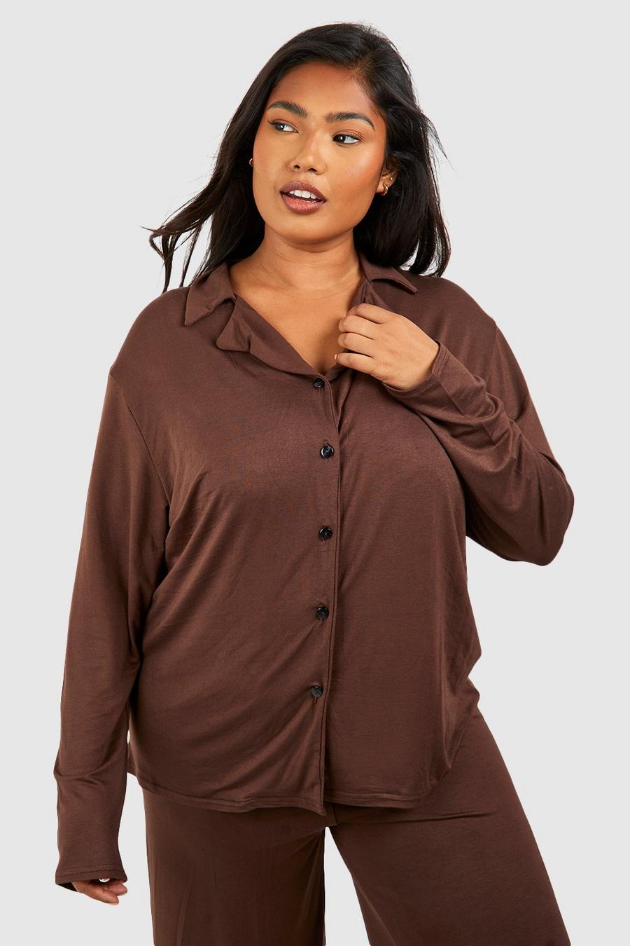 Chocolate Plus Peached Jersey Long Sleeve Button Pj Shirt  image number 1