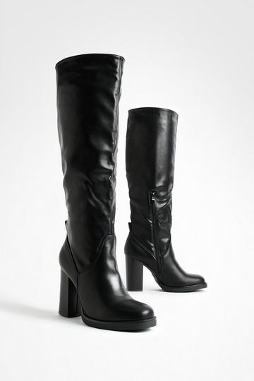 Black Mini Platform Stack Heel Knee High Boots