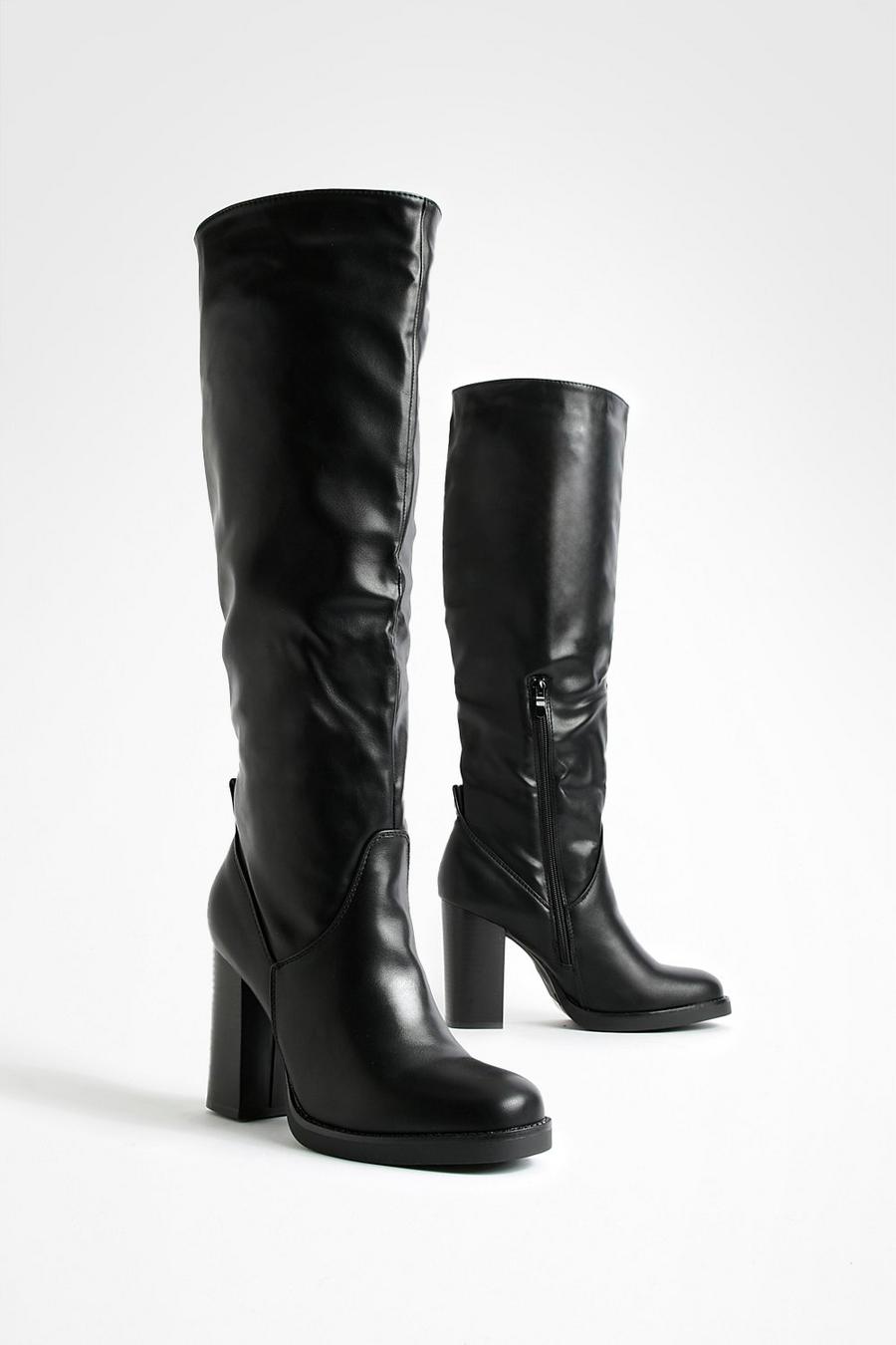 Black Mini Platform Stack Heel Knee High Boots image number 1