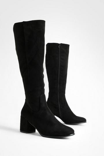 Black Faux Suede Low Block Pull On Knee High Boots