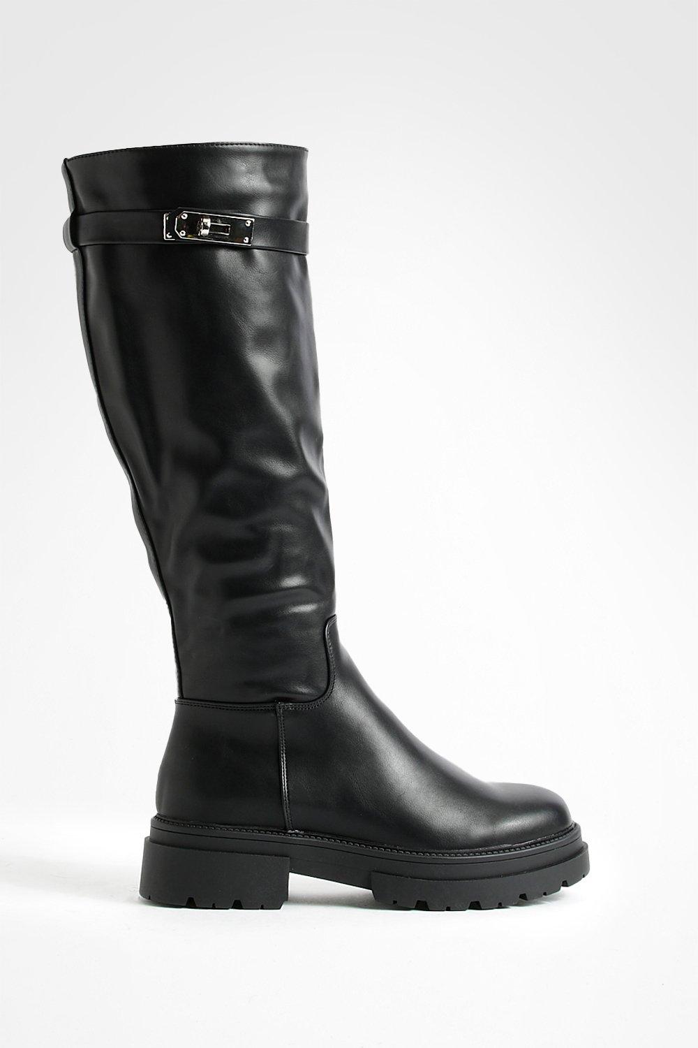 Black pu buckle detail best sale chunky over the knee boots