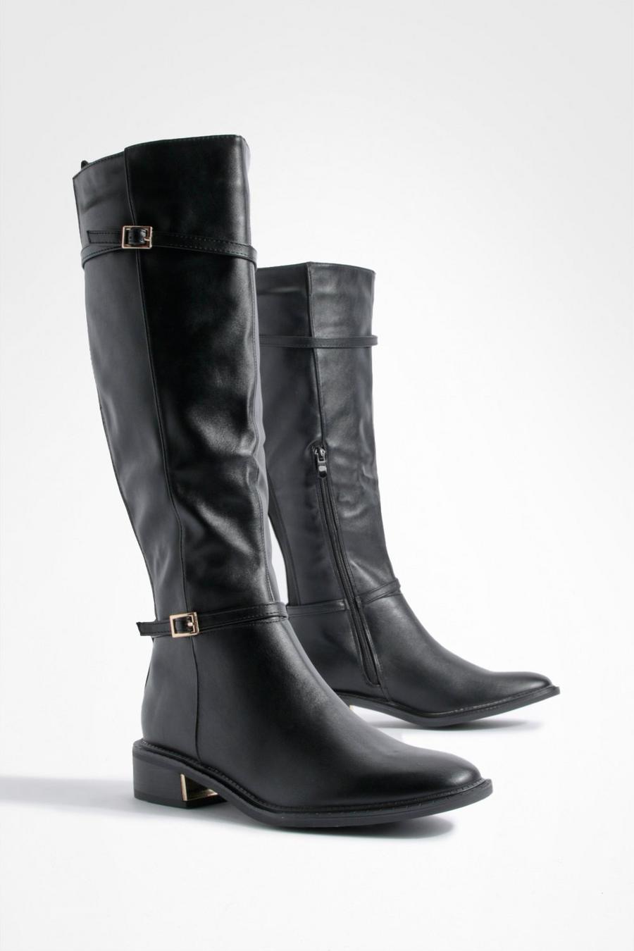 Black Small Buckle Detail Flat Riding Boots