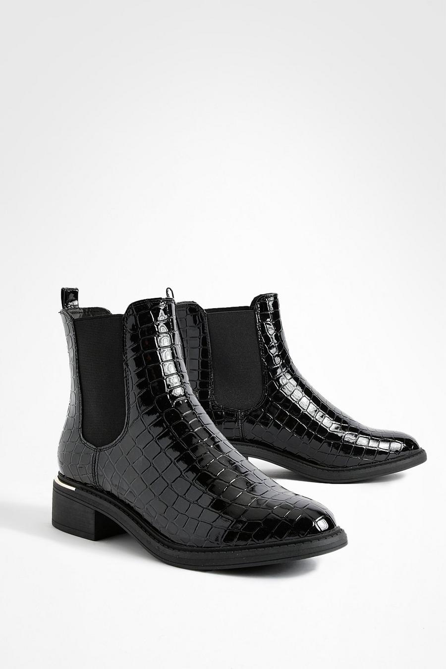 Black Croc Patent Chelsea Boots
