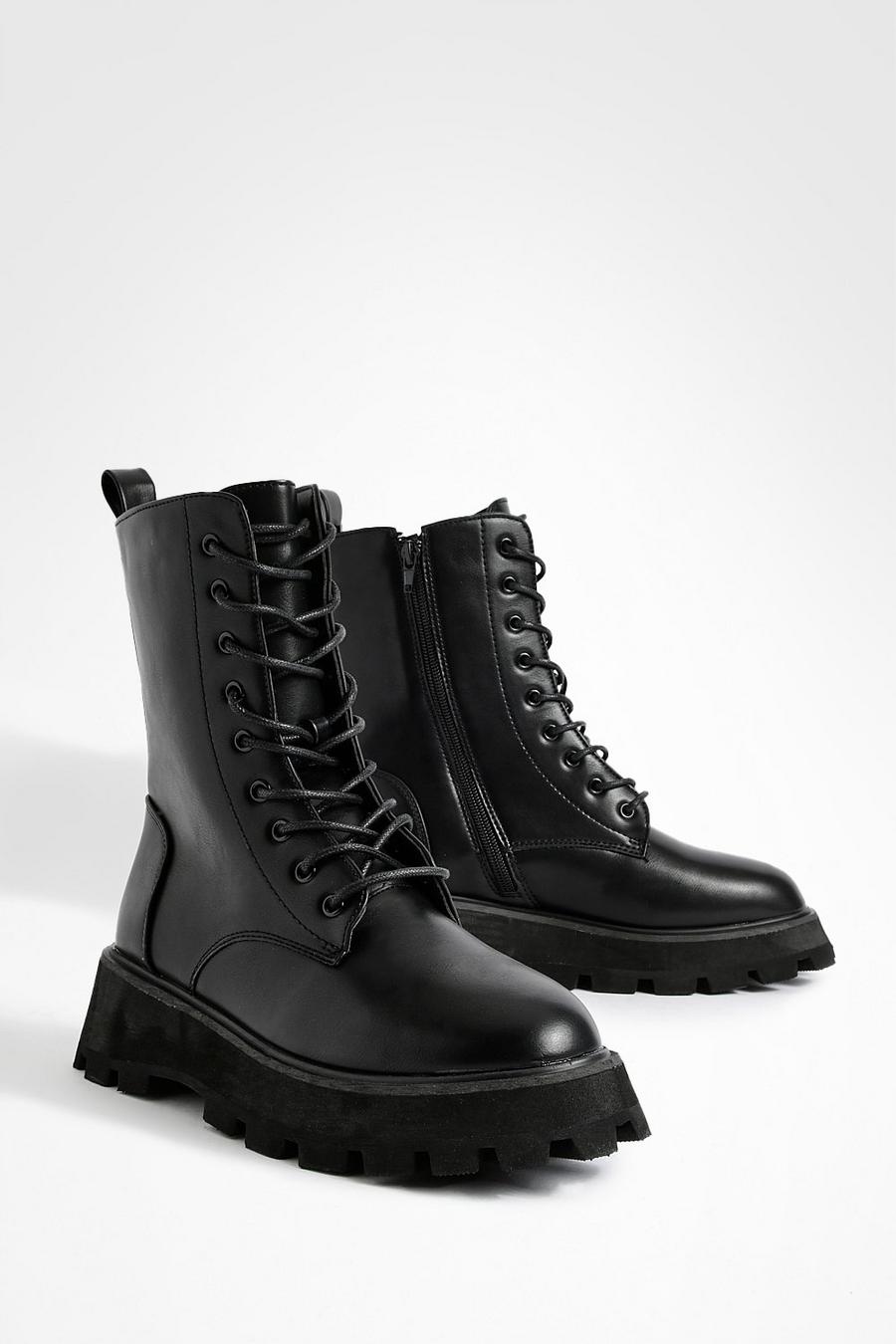 Black Wedged Sole Chunky Lace Up Combat Boots image number 1