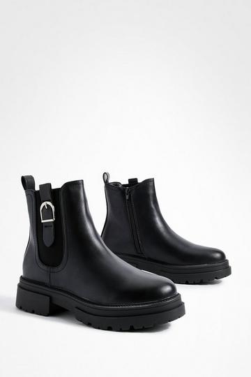 Black Buckle Detail Chunky Chelsea Boots