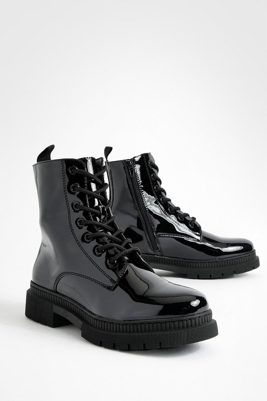 Black Basic Patent Lace Up Combat Boots image number 1