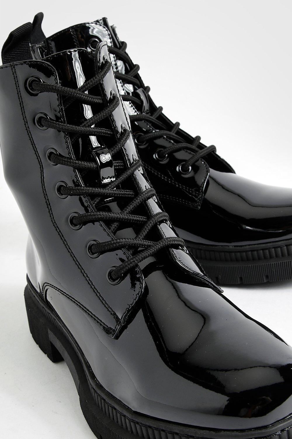 Basic Patent Lace Up Combat Boots boohoo USA