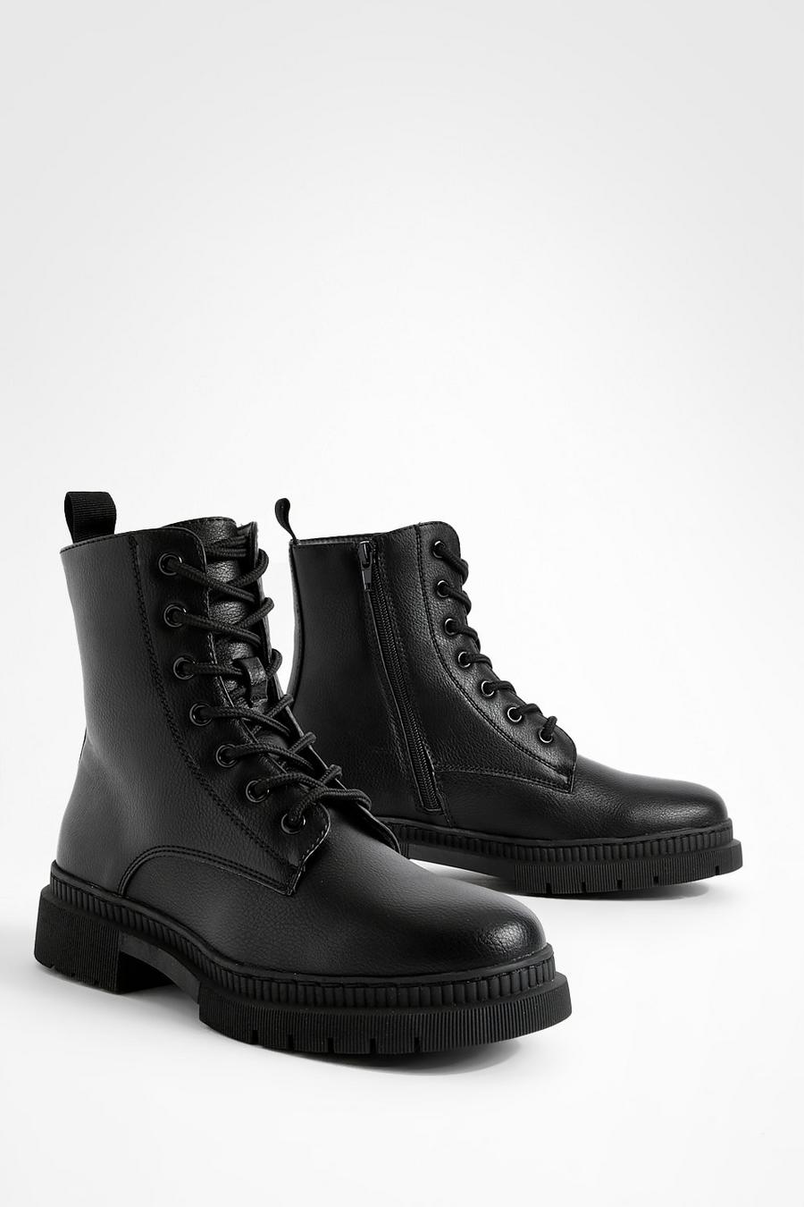Black Basic Lace Up Combat Boots image number 1