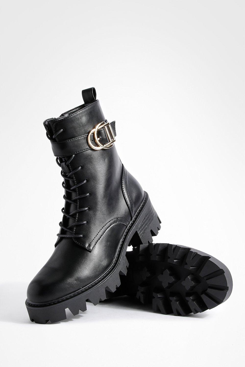 Buckle Detail Lace Up Combat Boots