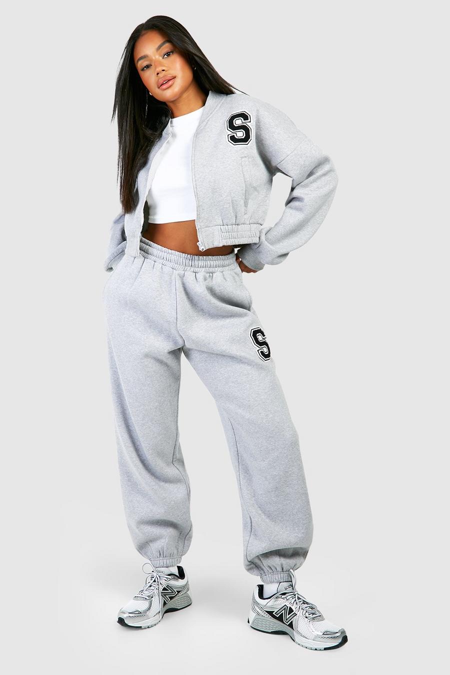 Grey marl Towelling Applique Bomber Jacket And Cuffed Track Pants Tracksuit