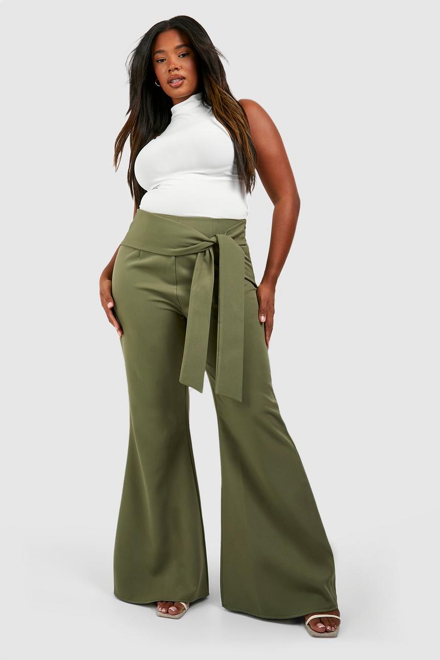 Khaki Plus Woven Wrap Front Flare Trousers image number 1