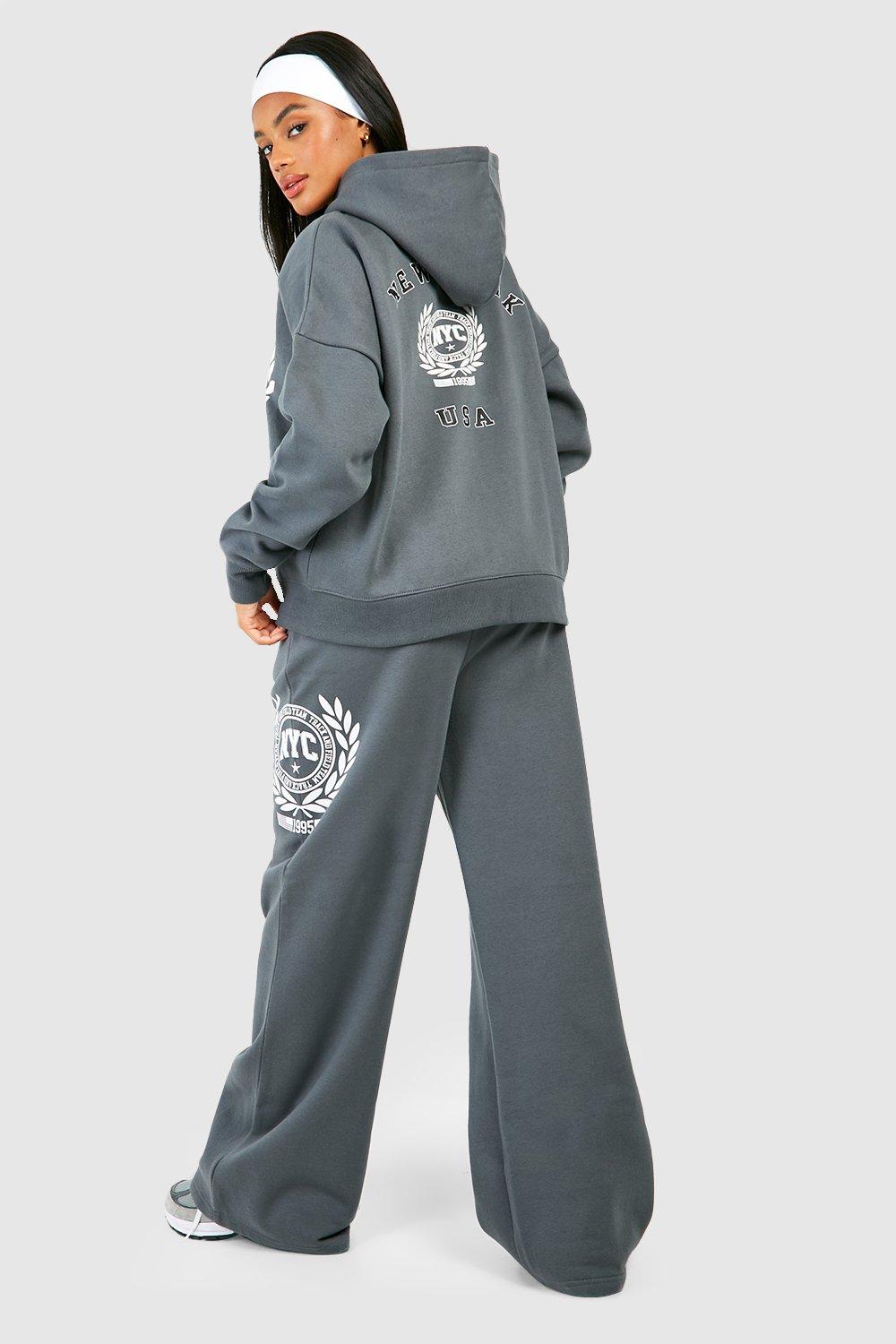 Nyc Printed Zip Up Hoodie And Wide Leg Jogger Tracksuit boohoo