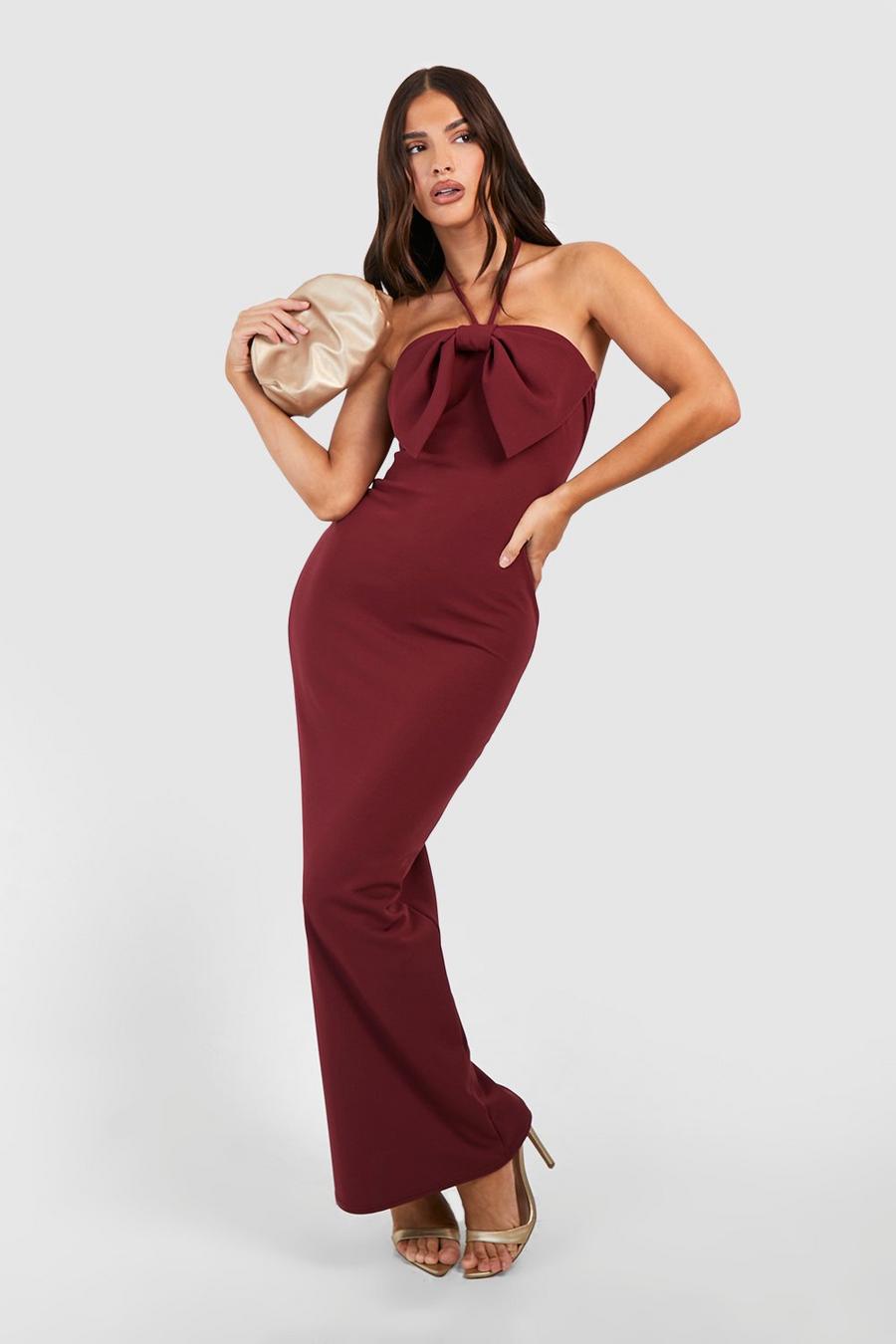 Maroon red Bow Detail Bandeau Maxi Dress