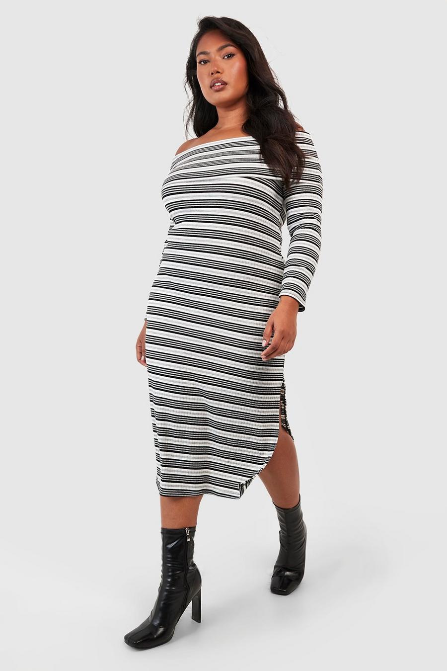 Grey Plus Stripe Off Shoulder Midi Dress