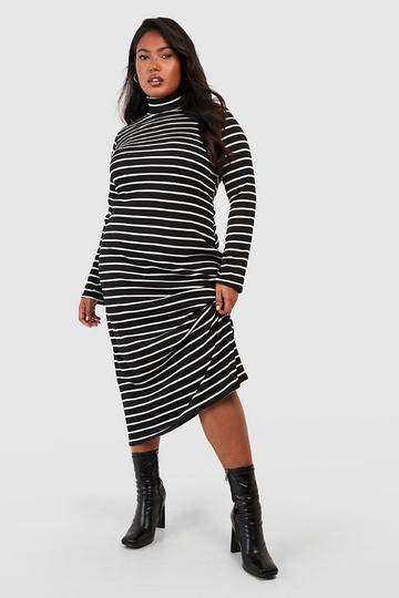 Plus Stripe Turtleneck Midi Dress black