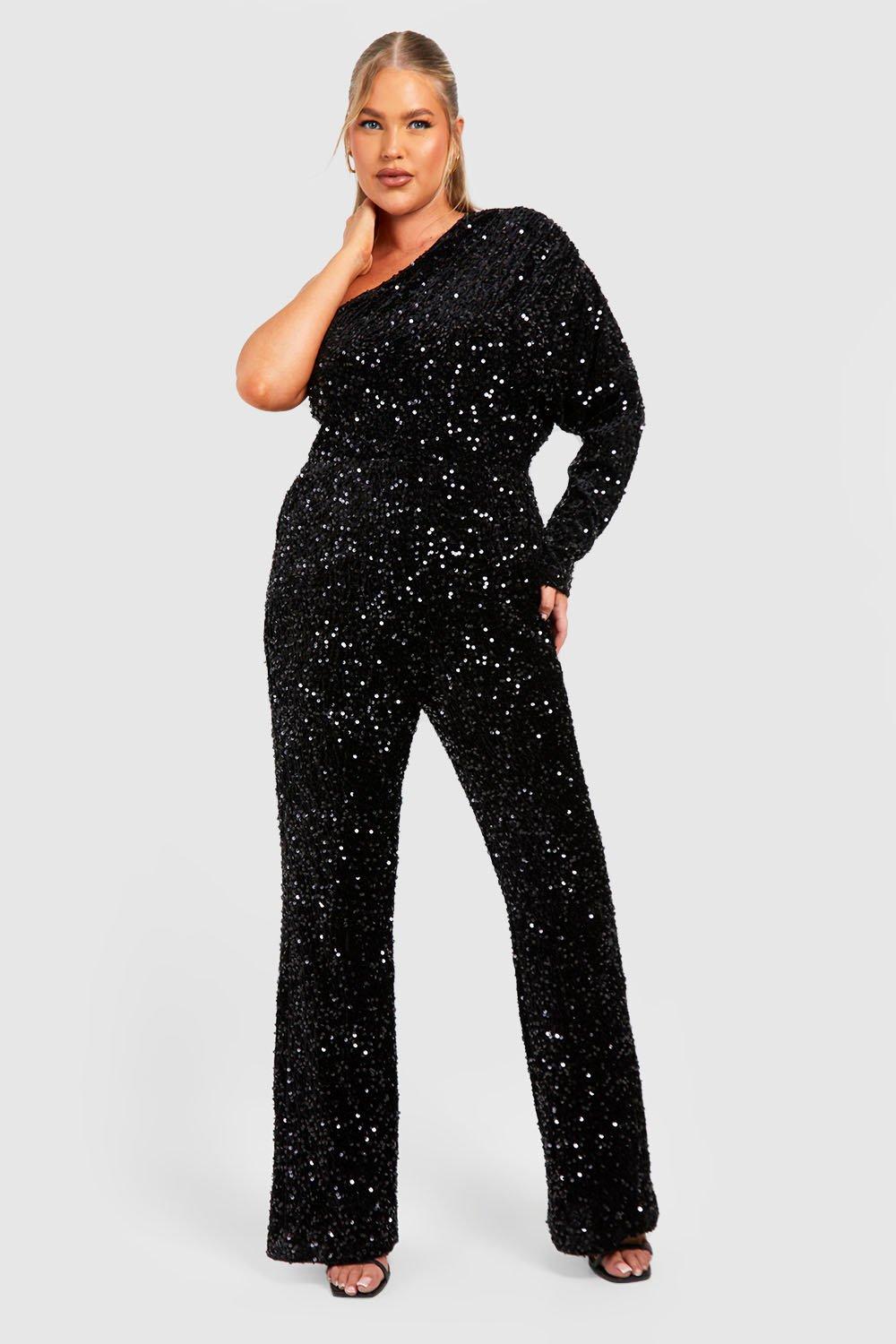 Plus Velvet Sequin One Shoulder Jumpsuit boohoo