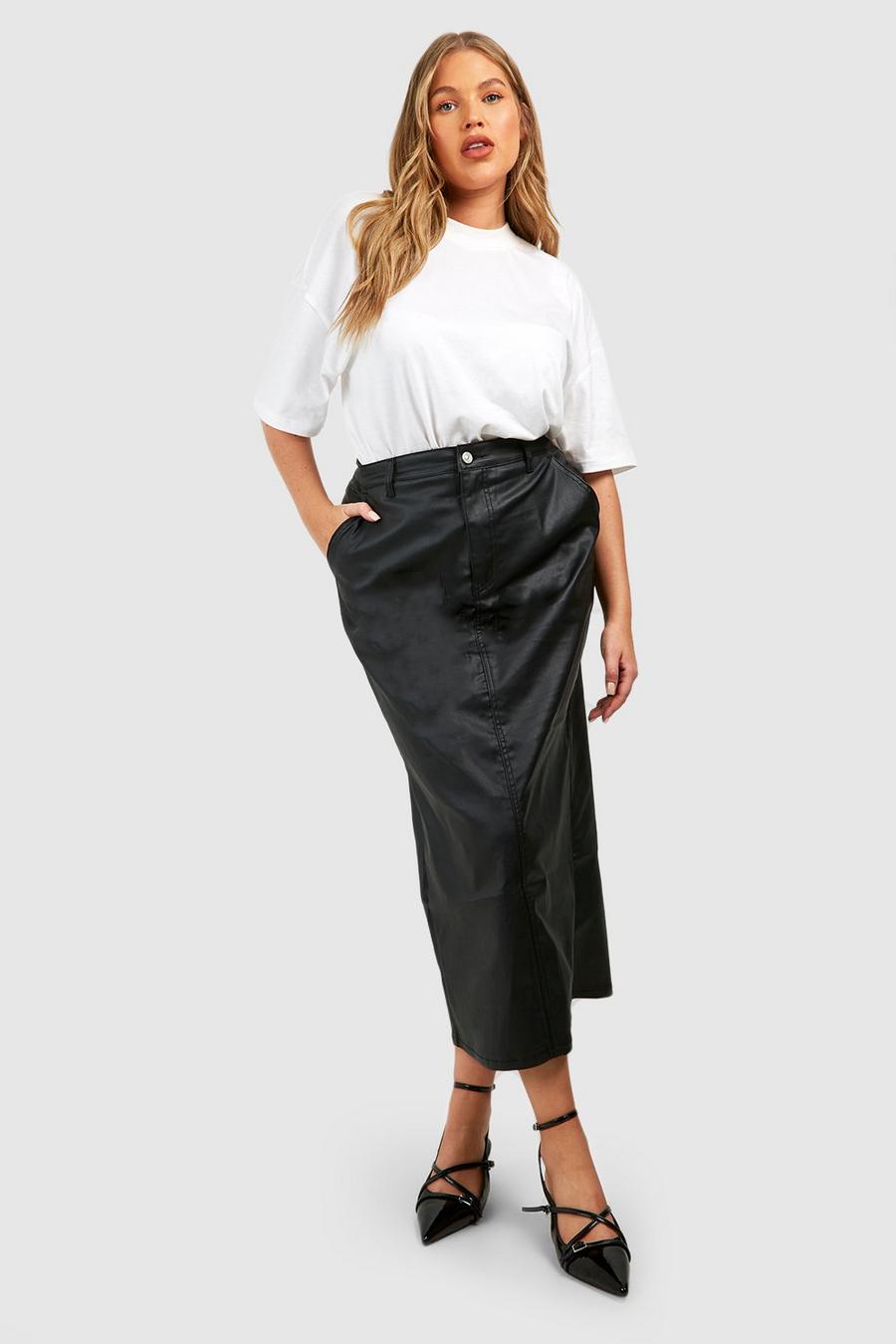 Black Pus Pu Coated Split Back Denim Midi Skirt image number 1
